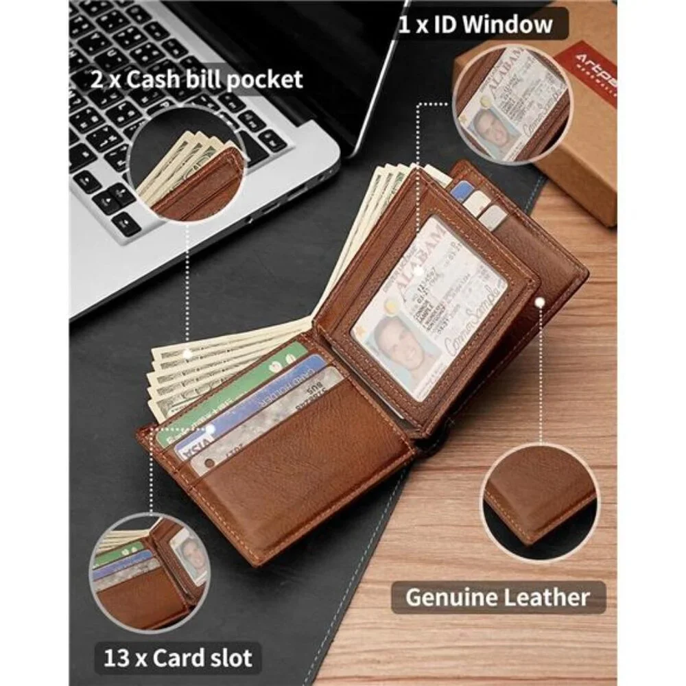 Mens Leather Bifold Wallet RFID Blocking 13 Card Holder 2 Cash Pockets ID Window